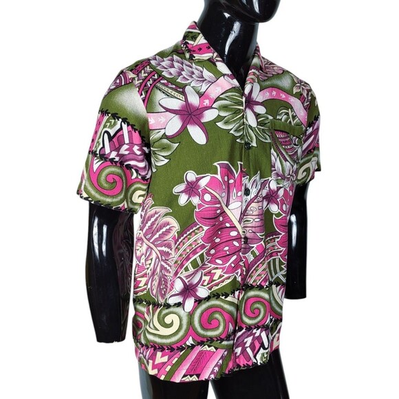 VTG 60s 70s Barkcloth Hawaiian Tiki Psychedelic Floral Men's Button-Down Shirt - Picture 6 of 8